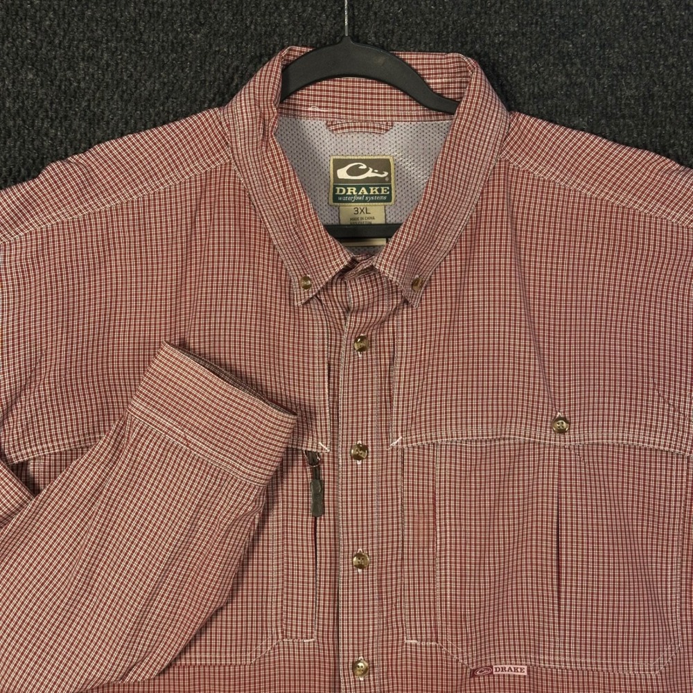 Drake Waterfowl Fishing Shirt Mens 3XL Red Micro Check Vented Long Sleeve